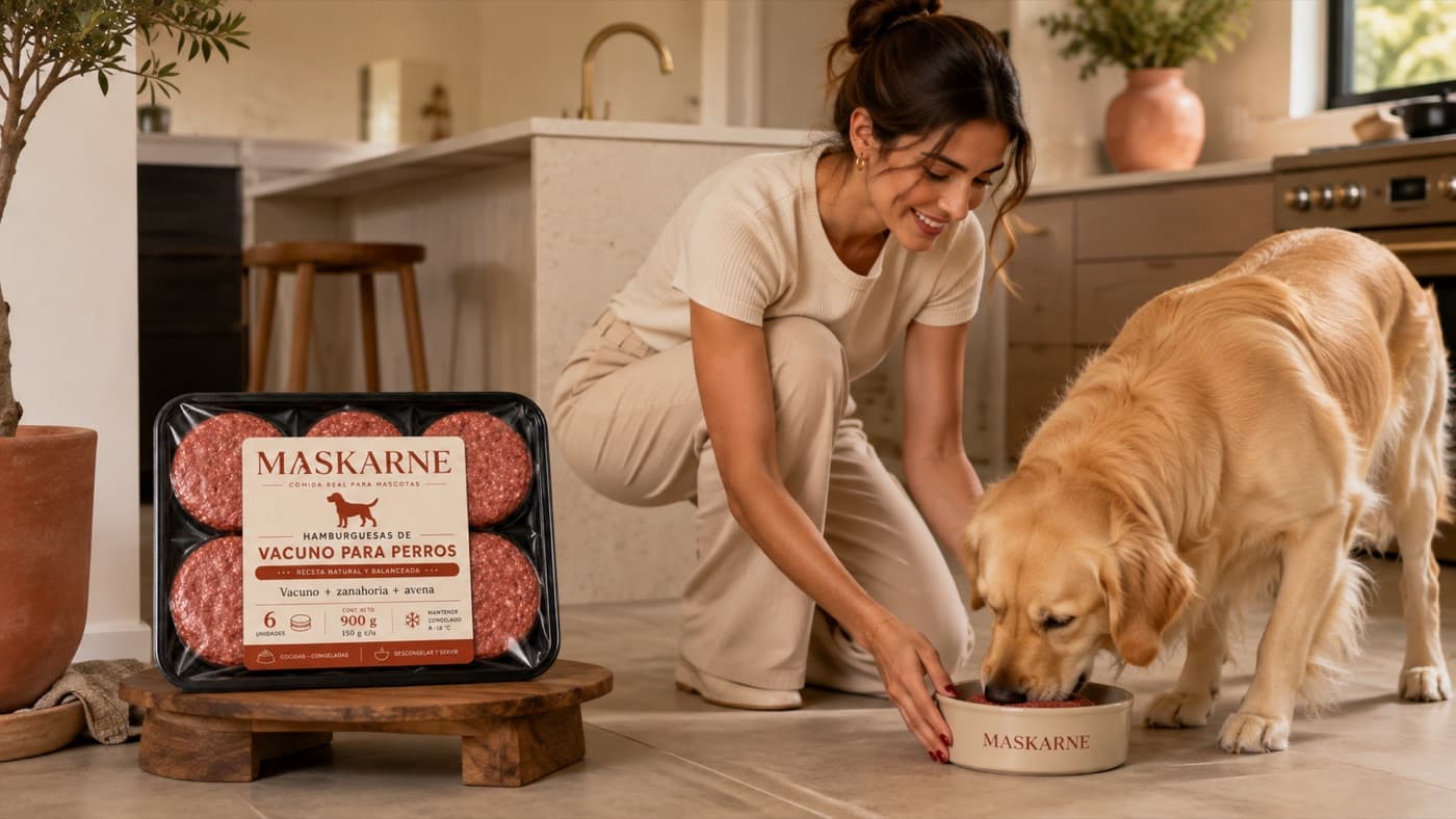 Una mujer deja el plato en el suelo de la cocina mientras su perro come, con la bandeja de Maskarne al lado.